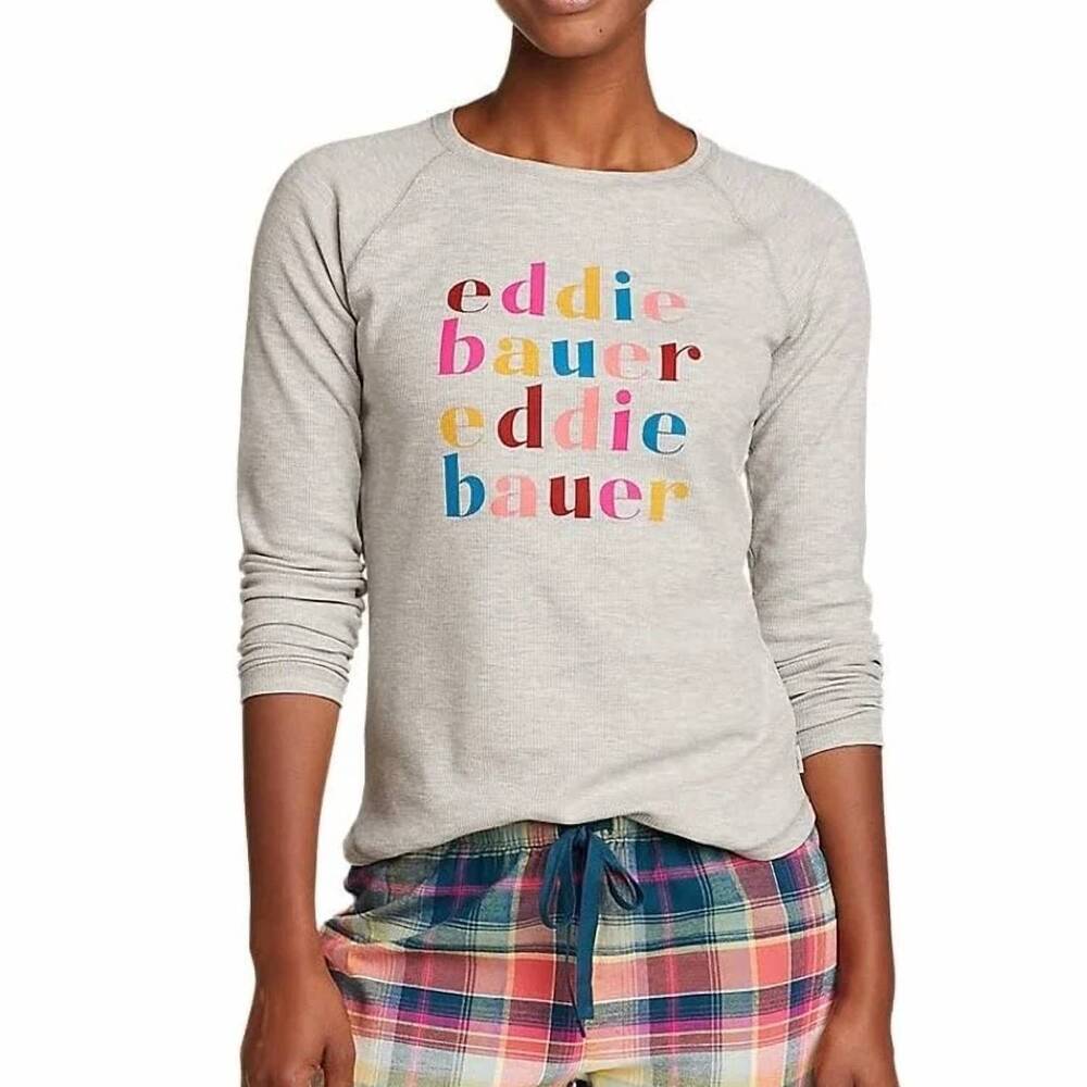 NEW EDDIE BAUER thermal long sleeve raglan crew logo tee in heather gray